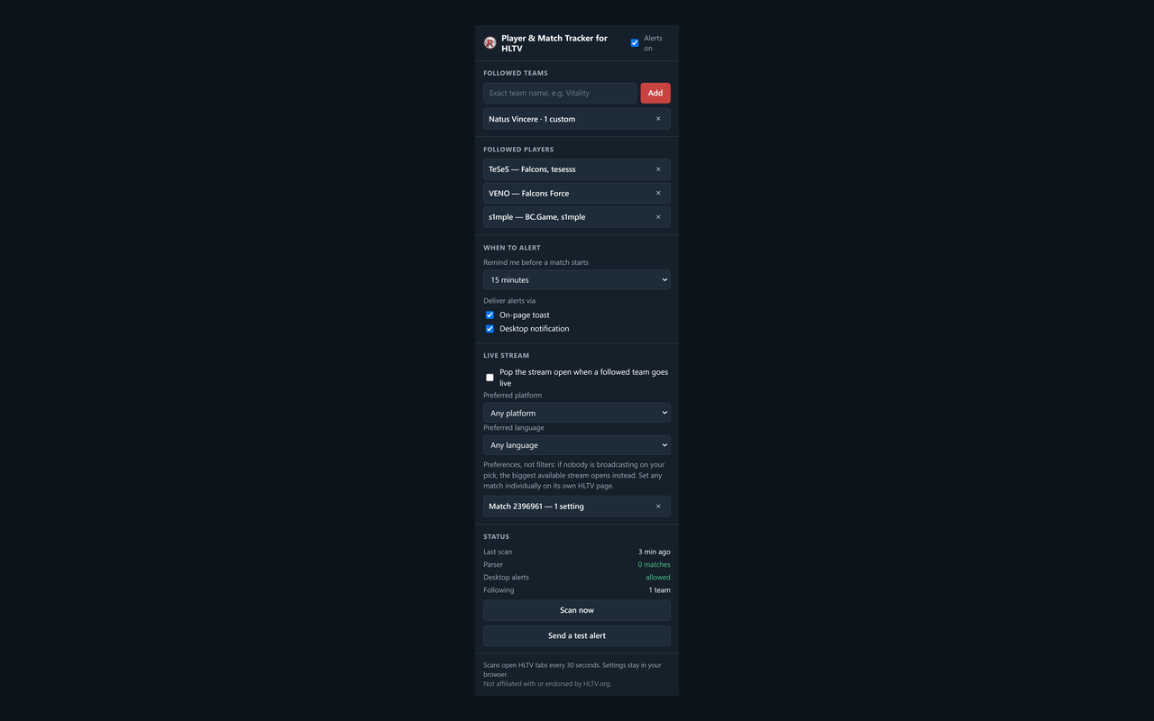Player and Match Tracker browser extension popup